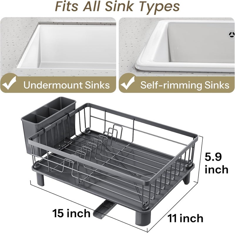 SNTD Dish Drying Rack - Small Dish Rack for Kitchen Counter, Stainless Steel Dish Drainer with Utensil Holder and Drainboard, 11" W x 15" L (Grey) - Image 2
